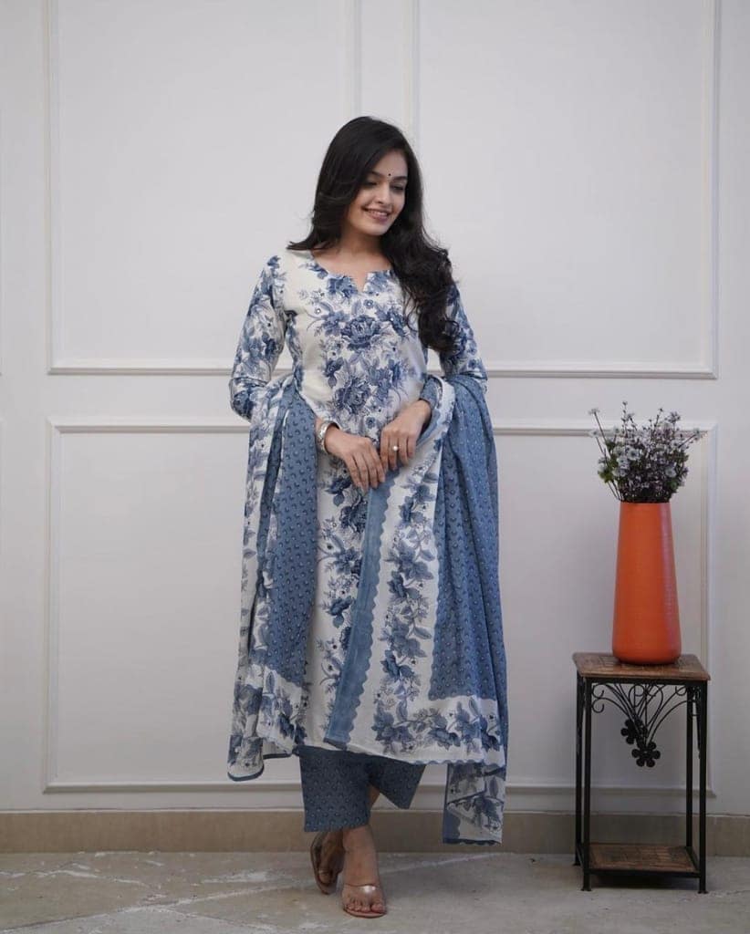 Women's Elegant Blue Printed Cotton Kurti Pant Dupatta Set - Lightweight, Breathable, Stylish, Durable, and Comfortable view 7