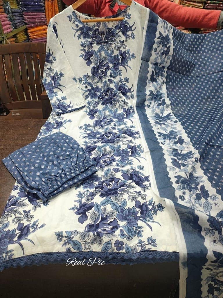 Women's Elegant Blue Printed Cotton Kurti Pant Dupatta Set - Lightweight, Breathable, Stylish, Durable, and Comfortable view 8