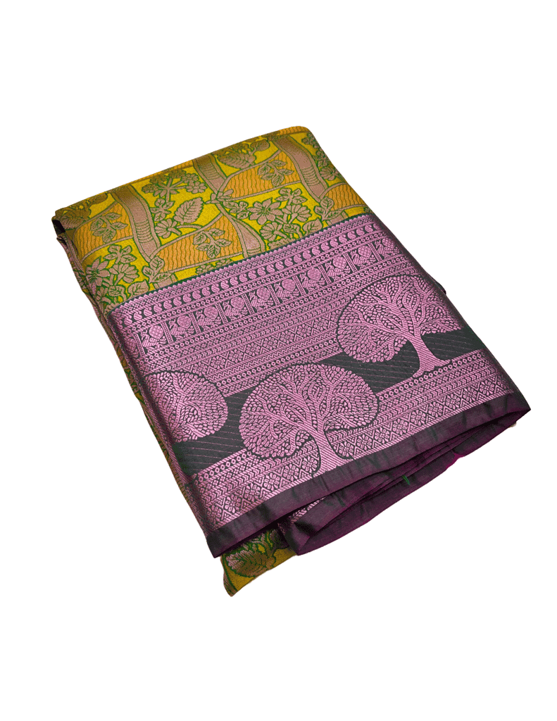 Lime Yellow Color Beautiful Floral Design Saree with Unstitched Blouse