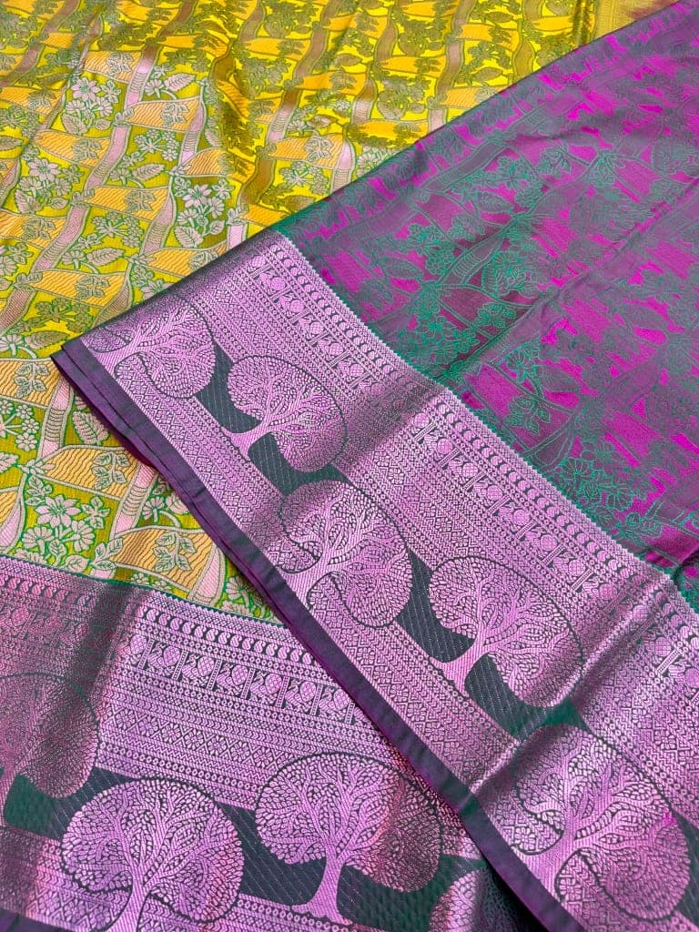 Lime Yellow Color Beautiful Floral Design Saree with Unstitched Blouse view 2