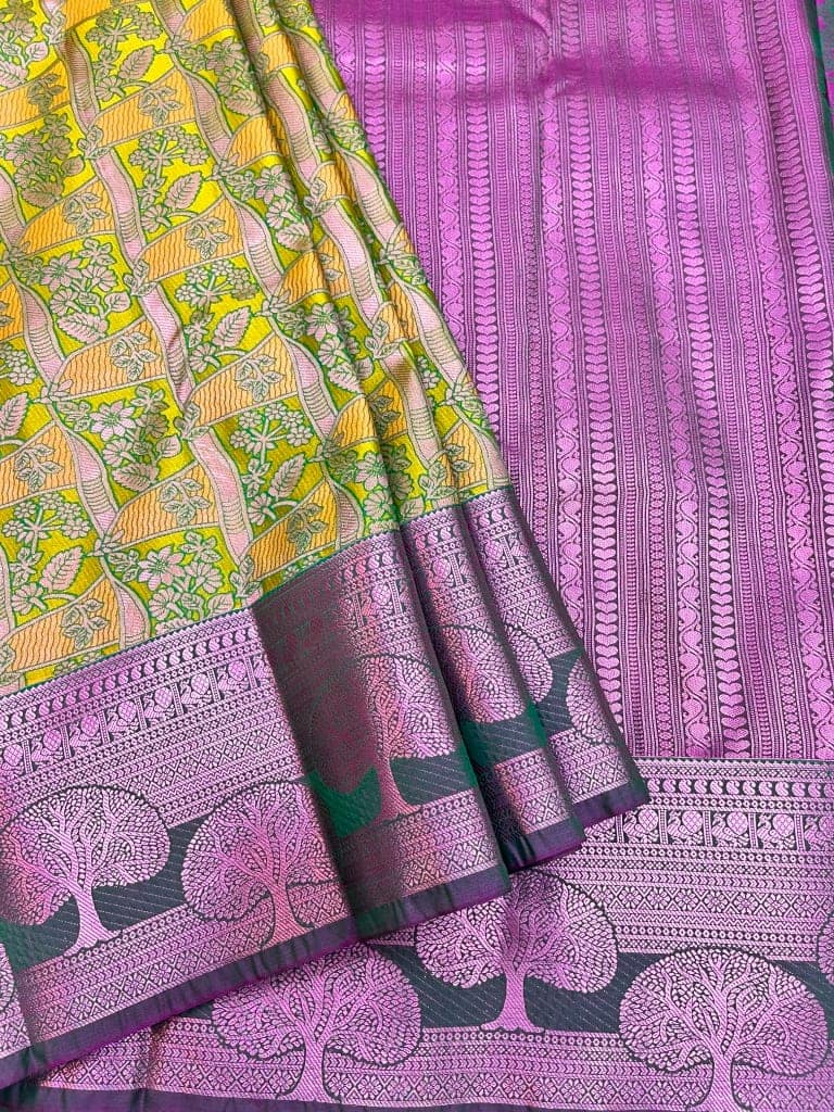 Lime Yellow Color Beautiful Floral Design Saree with Unstitched Blouse view 3