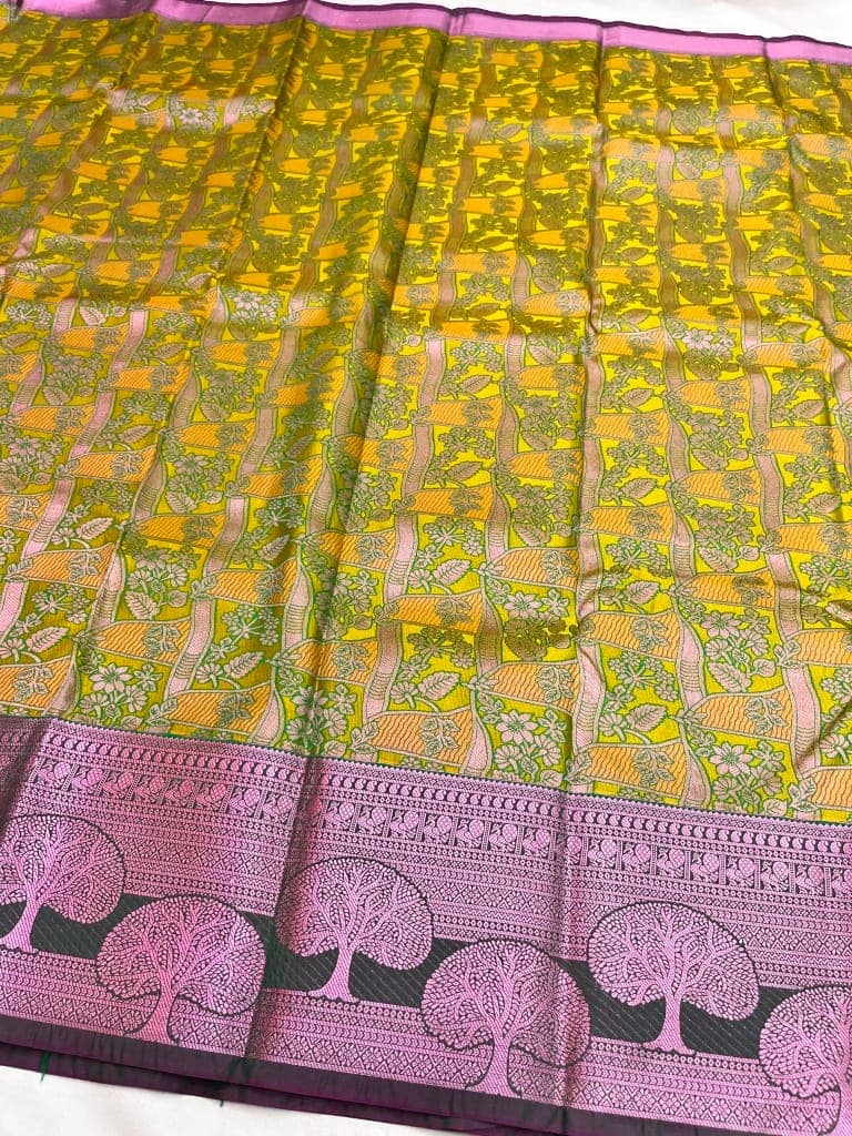 Lime Yellow Color Beautiful Floral Design Saree with Unstitched Blouse view 4