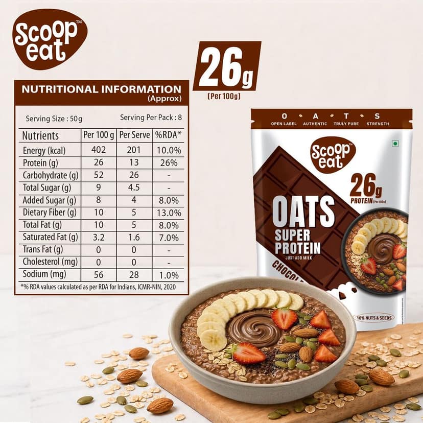 Scoopeat Assorted Oats pack of 2 - 26g Super High Protein Chocolate Oats 400gm view 3