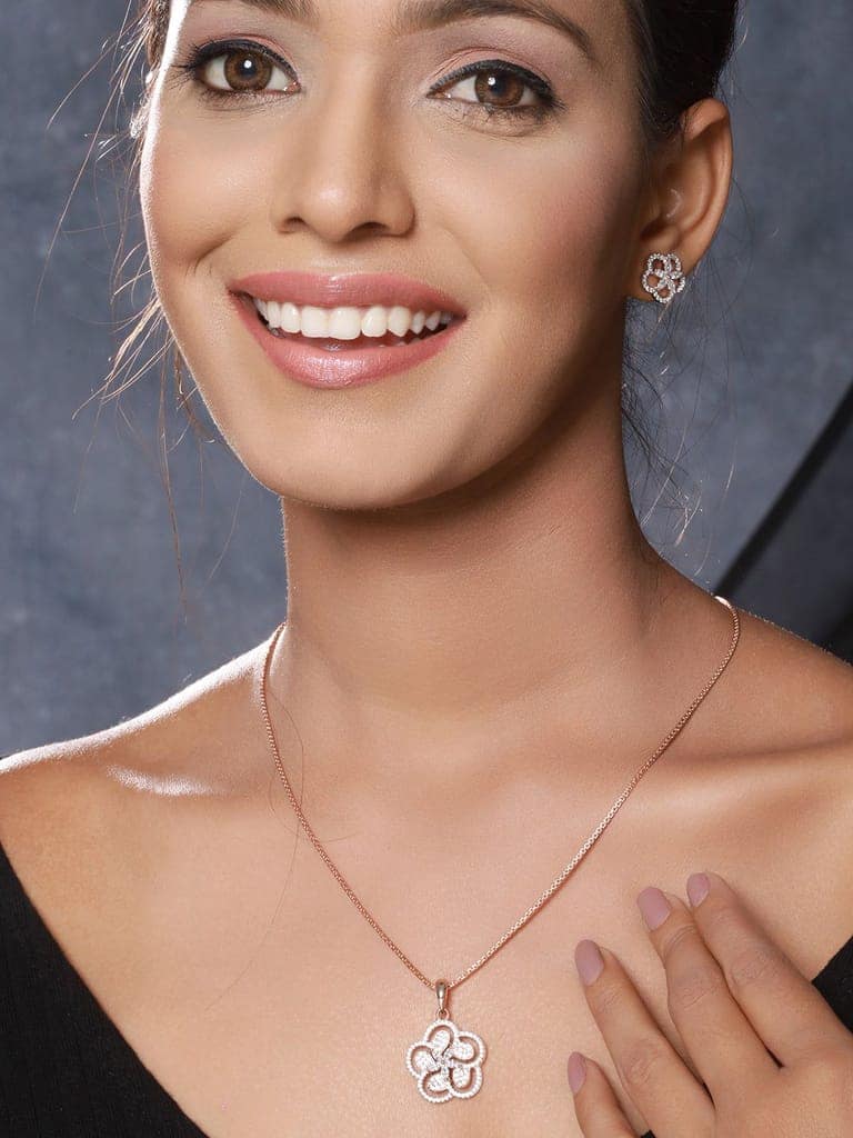 Rose Gold Plated AD Studded Minimal Floral Officewear Locket Jewellery Set