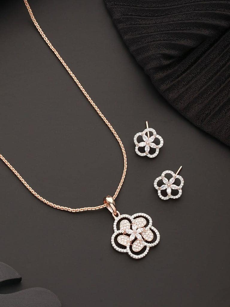 Rose Gold Plated AD Studded Minimal Floral Officewear Locket Jewellery Set view 3