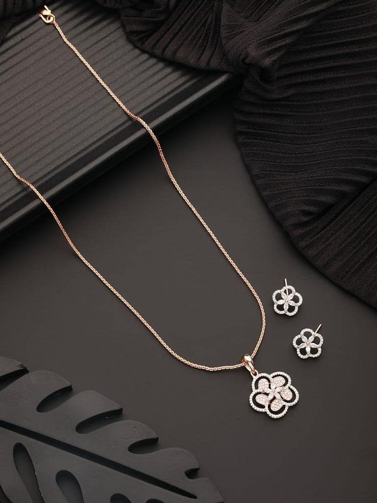 Rose Gold Plated AD Studded Minimal Floral Officewear Locket Jewellery Set view 4