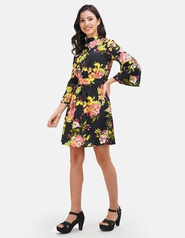 Black Floral Halter Neck Fit & Flare Dress view 4