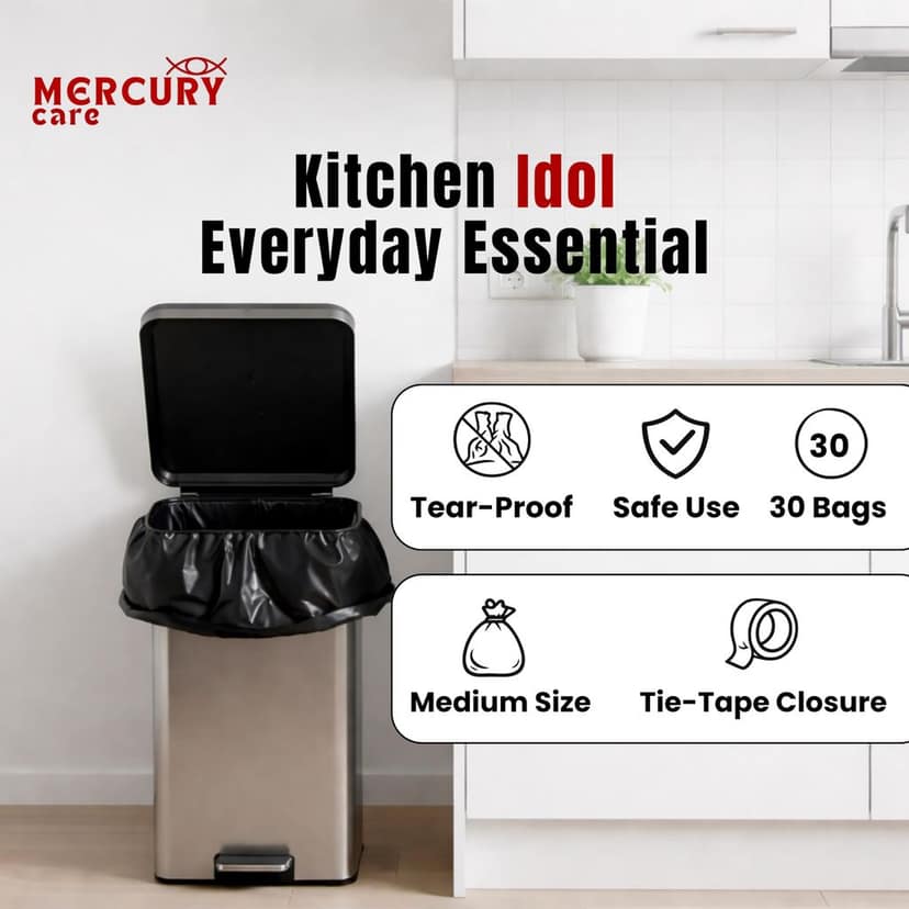 Mercury Care Garbage Bags | Home, Office & Kitchen Waste Liners | Leak-Proof, Tear-Resistant | 19 x 21 Inches - Medium | Black view 2