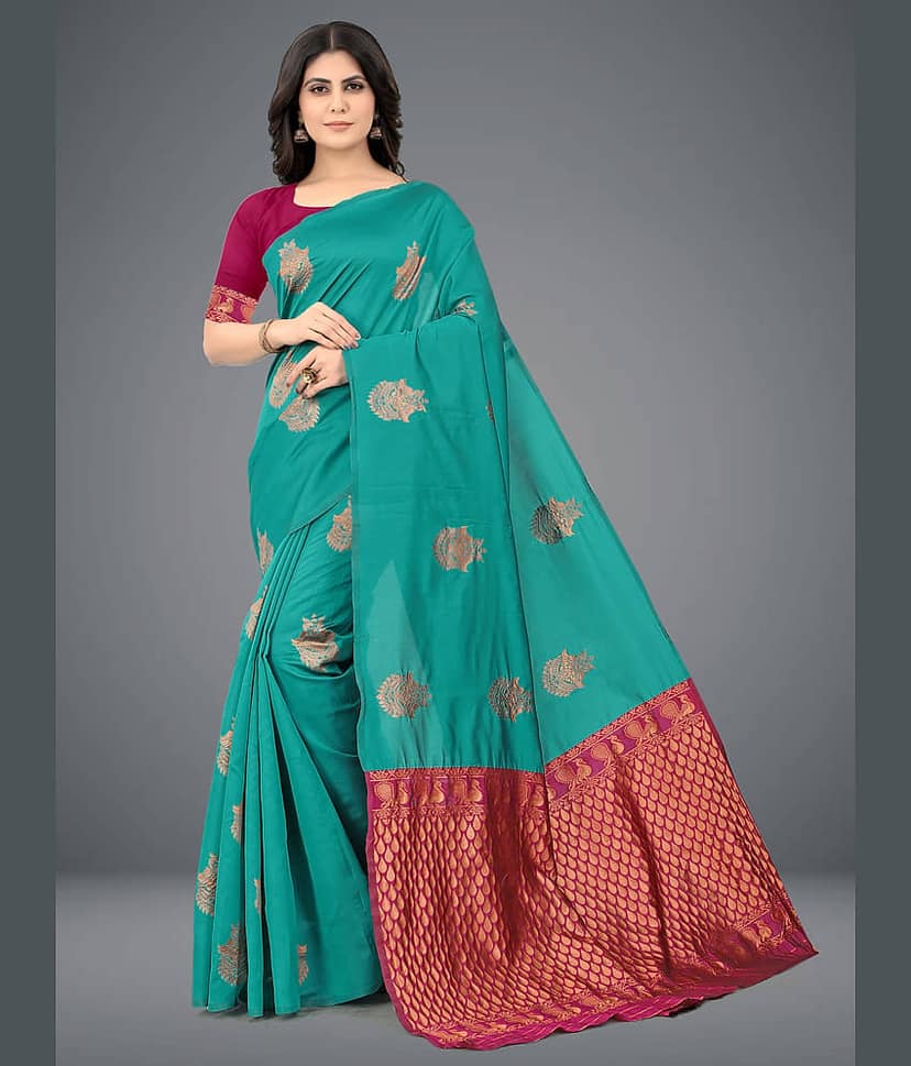 Om Shantam Sarees Jacquard Embellished Saree With Unstitched Blouse Piece ( Turquoise )