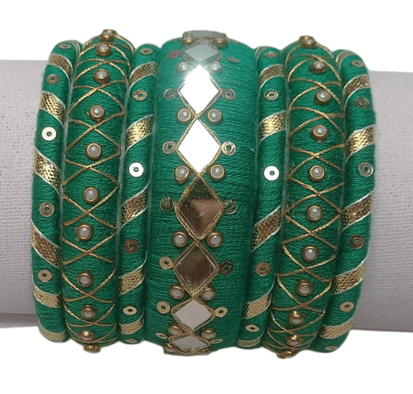 Green Cotton Thread Bangles with Pearl and Mirror Work - Set of 6