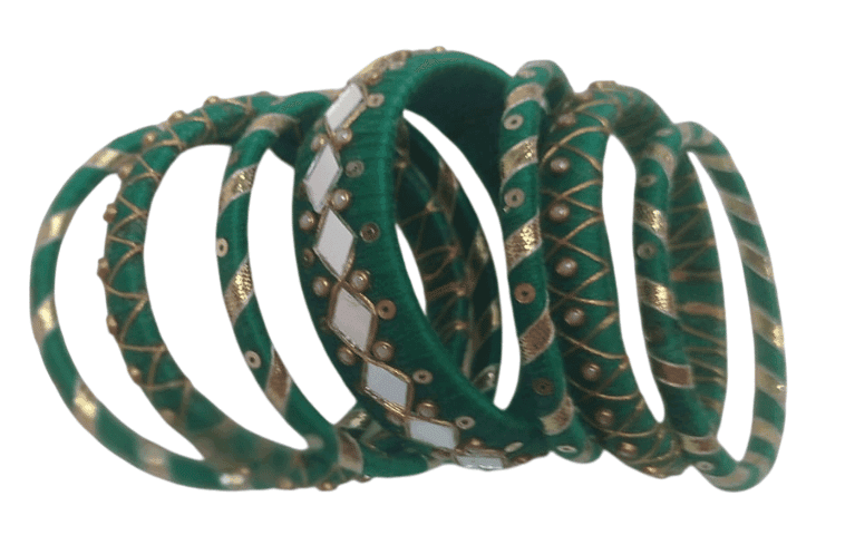 Green Cotton Thread Bangles with Pearl and Mirror Work - Set of 6 view 3