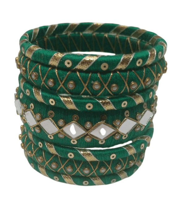 Green Cotton Thread Bangles with Pearl and Mirror Work - Set of 6 view 4