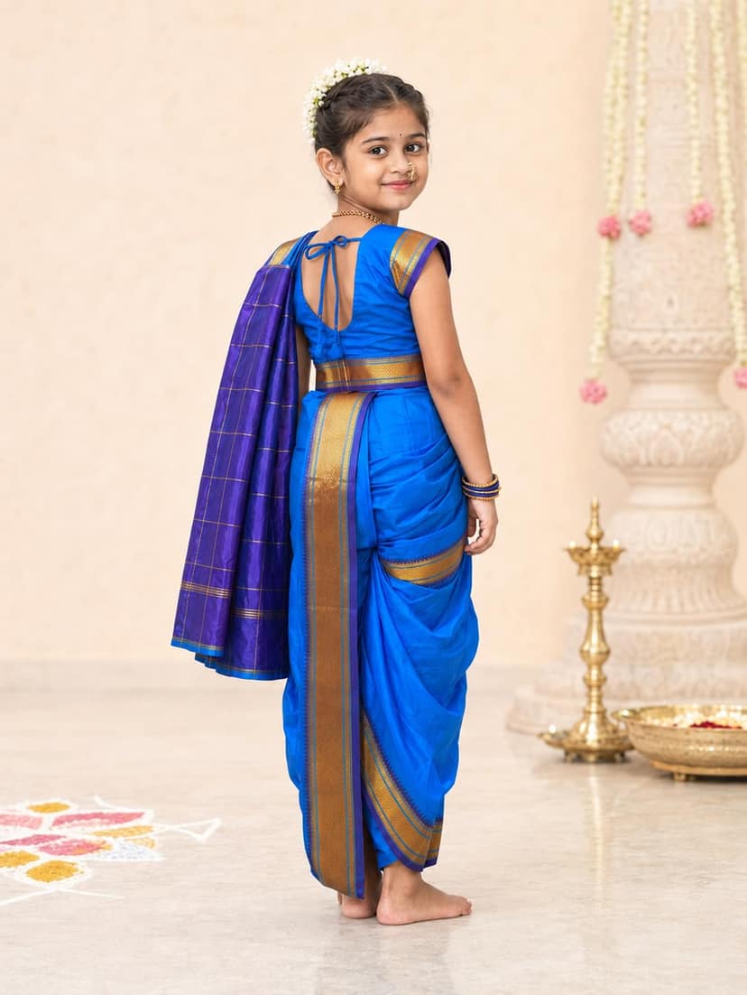 luster Shahi Mastani Nauvari saree for kids/girls Ready-to-wear with a stitched blouse, Traditional Maharashtrian Marathi saree, for School program ganpati pujas festival (SkyBlue, 12-18 Months) view 2