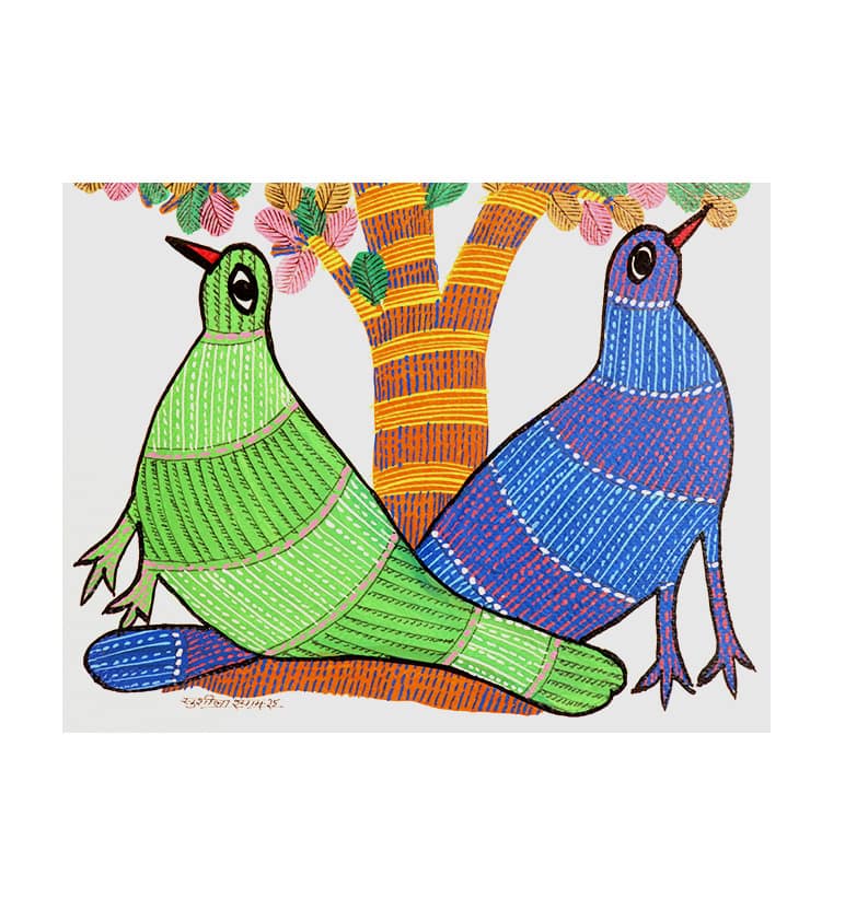 Handcrafted Gond Tree with Birds Painting – Tribal Folk Art view 2