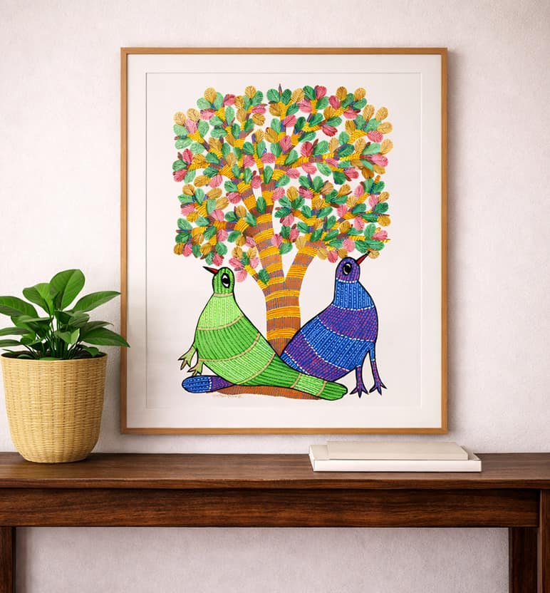 Handcrafted Gond Tree with Birds Painting – Tribal Folk Art view 4