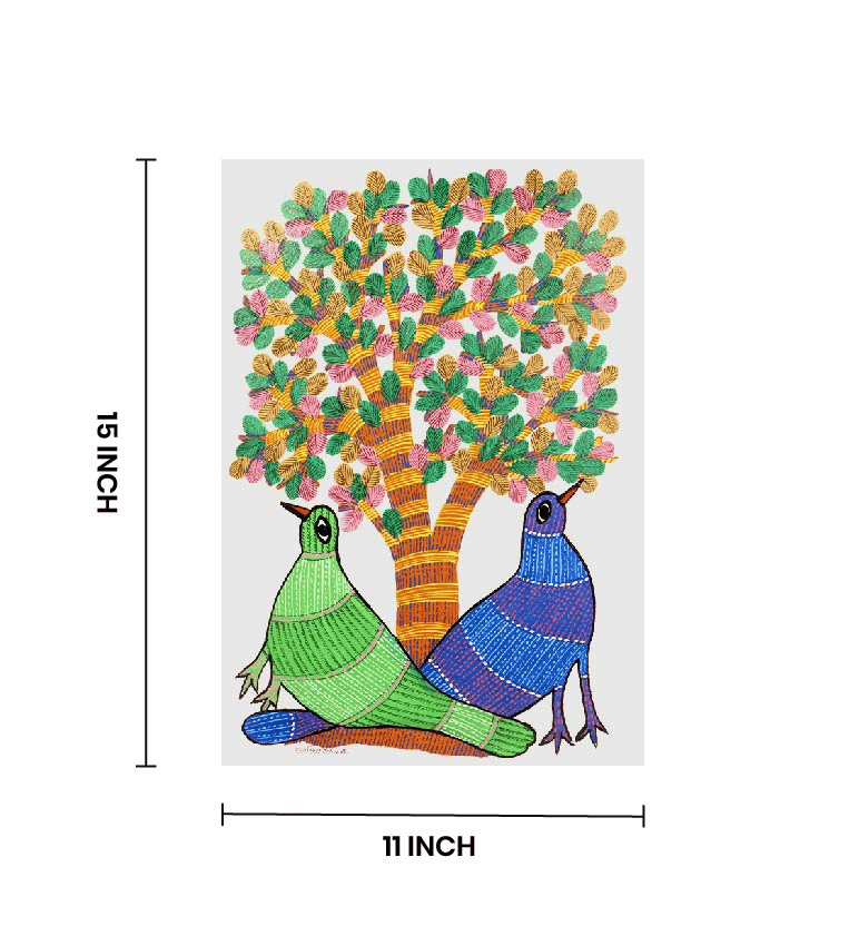 Handcrafted Gond Tree with Birds Painting – Tribal Folk Art view 5