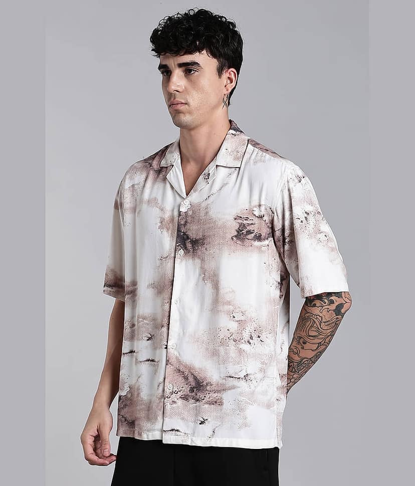 Paul Street Rayon Boxy Printed Half Sleeves Cuban Collar Men's Casual Shirt (Beige) view 6