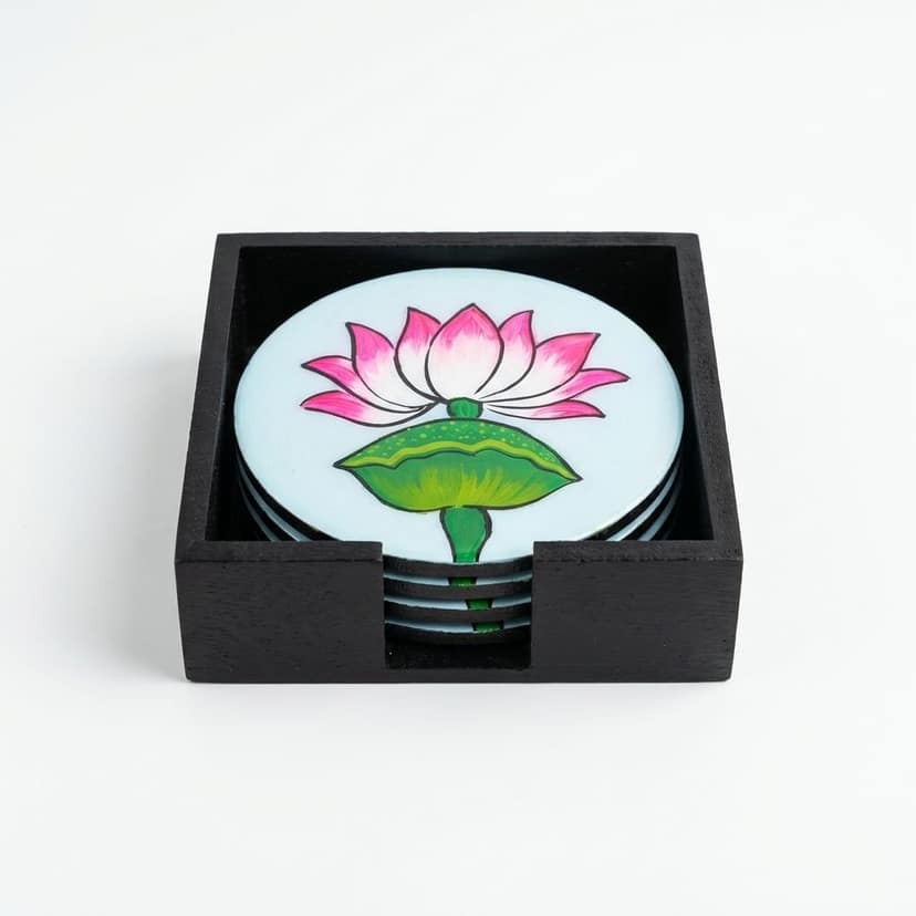Hand Painted Wooden Large Lotus Pichwai Art Round Shape Sky Blue Color Set of 4 Coasters With Resin Layer view 2