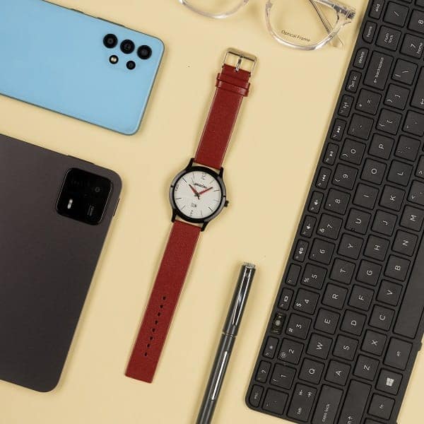 Mens Analog Watch with Black Dial and Red Leather Strap view 5