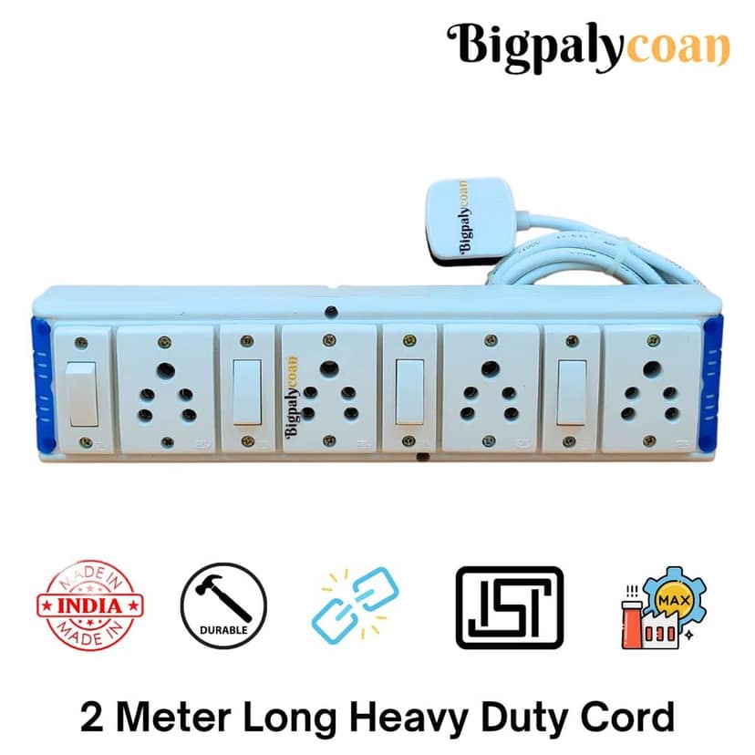 Bigpalycoan 4 Way Power Strip Extension Board with Individual Switch Heavy Duty 2 metre Cord (Max. Rating 1200W- 230V) PVC Blue-White view 2