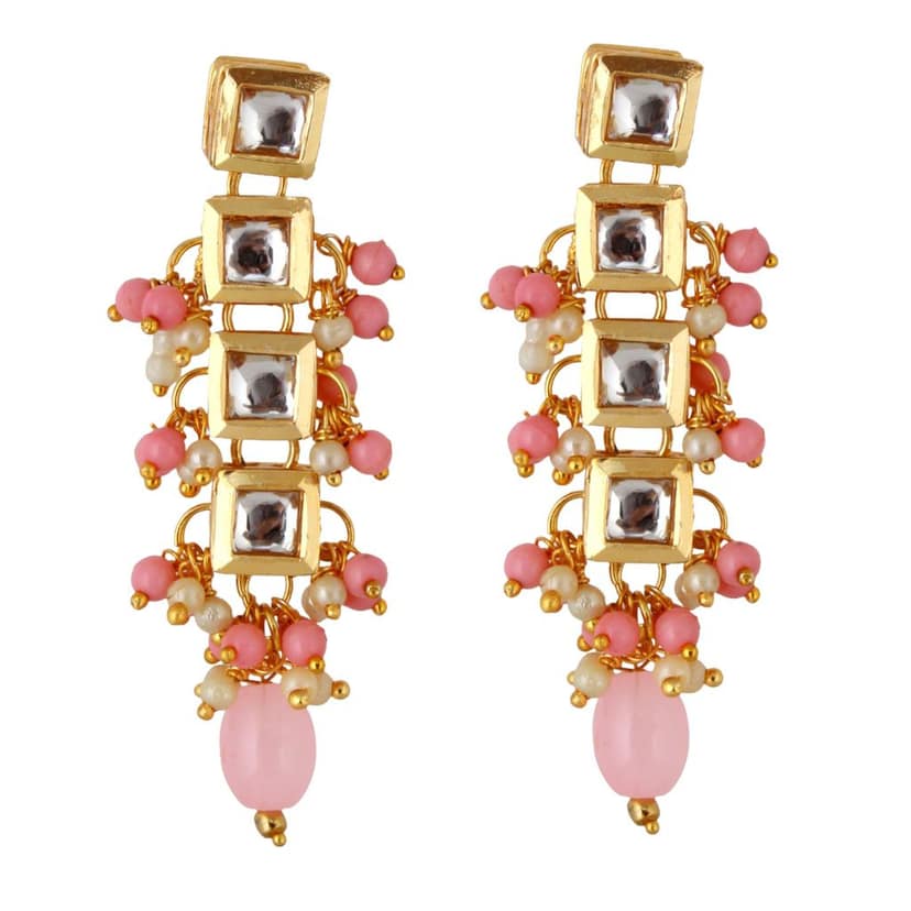 Lucky Jewellery Traditional Back Meenkari Gold Plated uncut kundan Pink Earrings (195-J5EK-1664-PK) view 3
