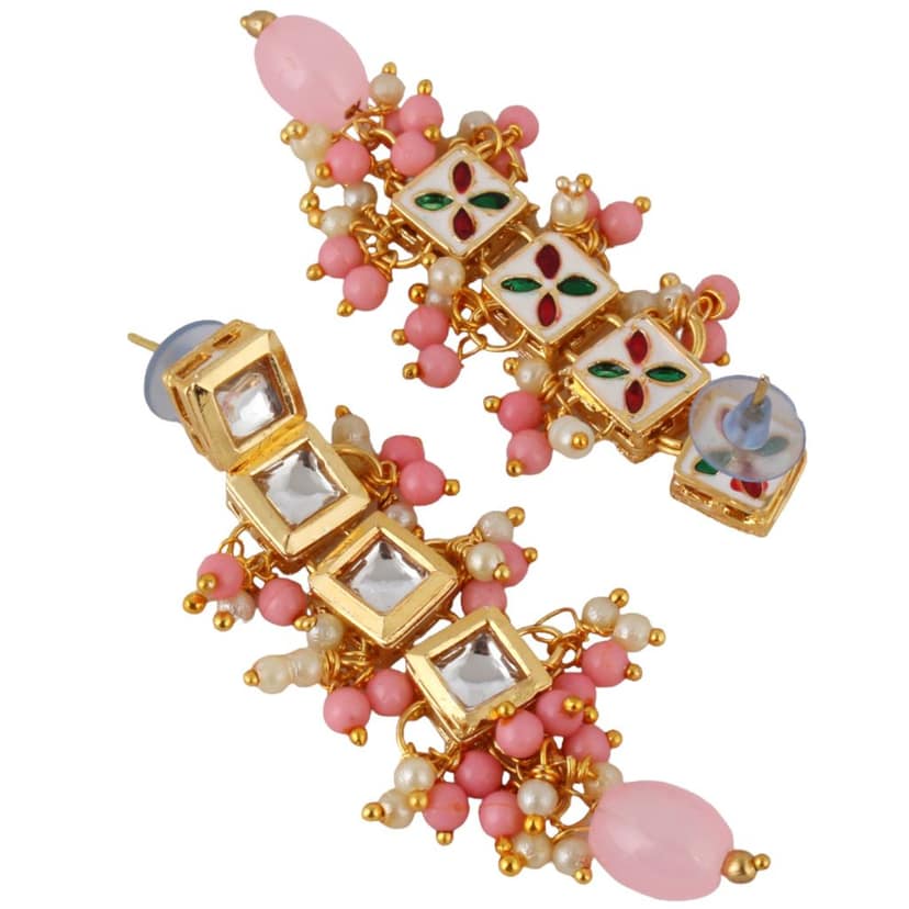 Lucky Jewellery Traditional Back Meenkari Gold Plated uncut kundan Pink Earrings (195-J5EK-1664-PK) view 4