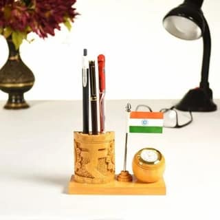Wooden pen stand with clock and flag