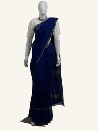 Mangalgiri Navy Blue Silk Cotton Saree Antique Zari Checks