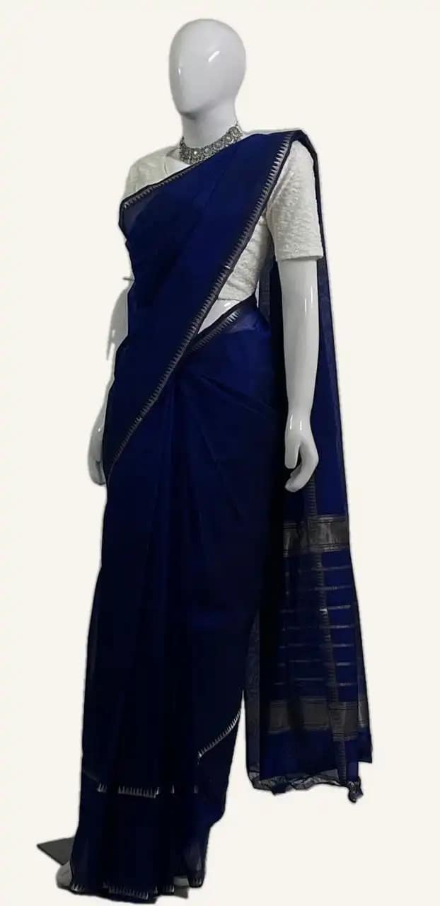Mangalgiri Navy Blue Silk Cotton Saree Antique Zari Checks view 2