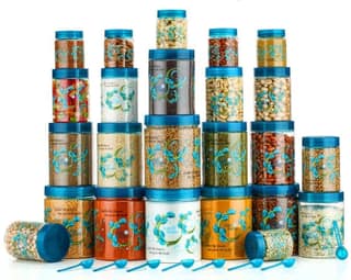 HAPPI Multipurpose Unbreakable Plastic Flower Printed Airtight Container Set Masala Box For Kitchen Storage Box Dabba For Spice, Pack of 24 (6 Pcs of 350ml, 650ml, 1200ml, 2000ml with 24 Spoons)