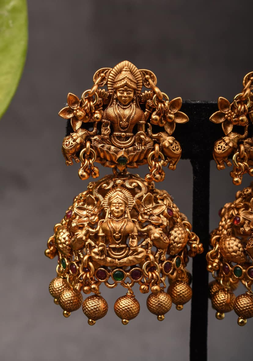 2" Antique Dark Gold Tone Lakshmi Design Prominent Jhumka earrings | Shobitam Jewelry view 8