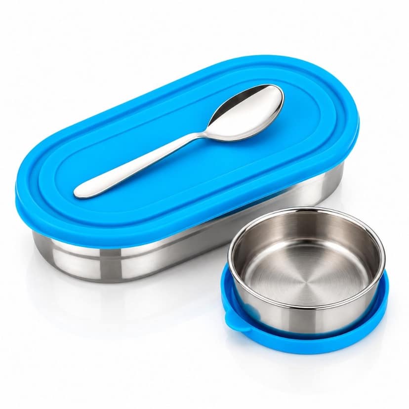 V3Deals Steel Oval Lunch Box with Bowl & Spoon | Tiffin Box for Office & School, PREMIUM STAINLESS STEEL: Durable, reusable and made for everyday meals at home, office, school and travel ( SMART LUNCH BOX 1)