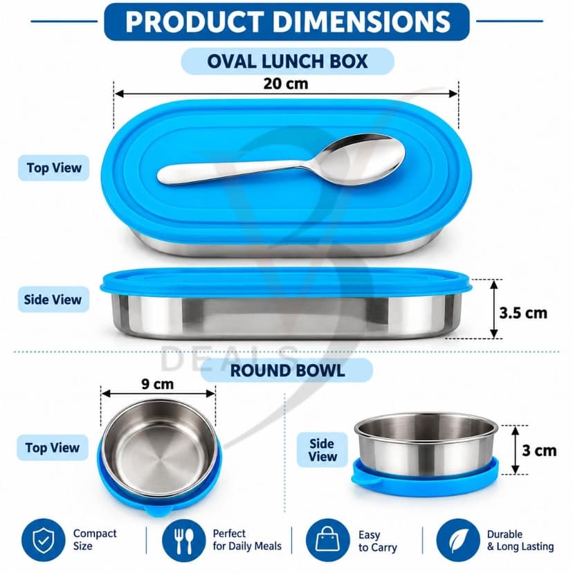 V3Deals Steel Oval Lunch Box with Bowl & Spoon | Tiffin Box for Office & School, PREMIUM STAINLESS STEEL: Durable, reusable and made for everyday meals at home, office, school and travel ( SMART LUNCH BOX 1) view 2
