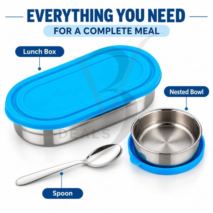 V3Deals Steel Oval Lunch Box with Bowl & Spoon | Tiffin Box for Office & School, PREMIUM STAINLESS STEEL: Durable, reusable and made for everyday meals at home, office, school and travel ( SMART LUNCH BOX 1) view 3