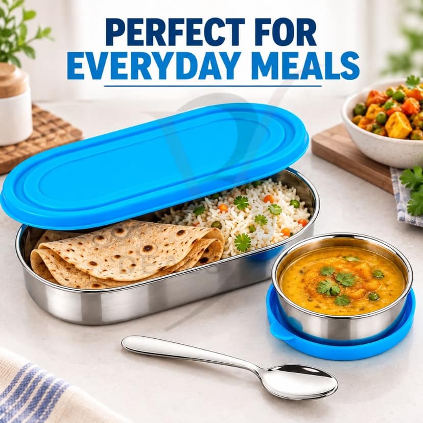 V3Deals Steel Oval Lunch Box with Bowl & Spoon | Tiffin Box for Office & School, PREMIUM STAINLESS STEEL: Durable, reusable and made for everyday meals at home, office, school and travel ( SMART LUNCH BOX 1) view 4