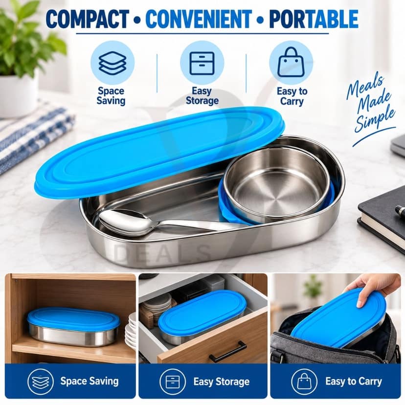 V3Deals Steel Oval Lunch Box with Bowl & Spoon | Tiffin Box for Office & School, PREMIUM STAINLESS STEEL: Durable, reusable and made for everyday meals at home, office, school and travel ( SMART LUNCH BOX 1) view 6