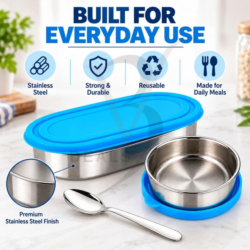V3Deals Steel Oval Lunch Box with Bowl & Spoon | Tiffin Box for Office & School, PREMIUM STAINLESS STEEL: Durable, reusable and made for everyday meals at home, office, school and travel ( SMART LUNCH BOX 1) view 7
