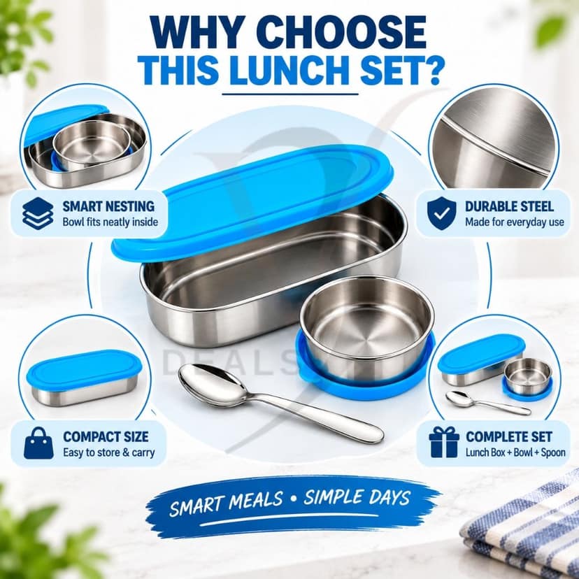 V3Deals Steel Oval Lunch Box with Bowl & Spoon | Tiffin Box for Office & School, PREMIUM STAINLESS STEEL: Durable, reusable and made for everyday meals at home, office, school and travel ( SMART LUNCH BOX 1) view 8
