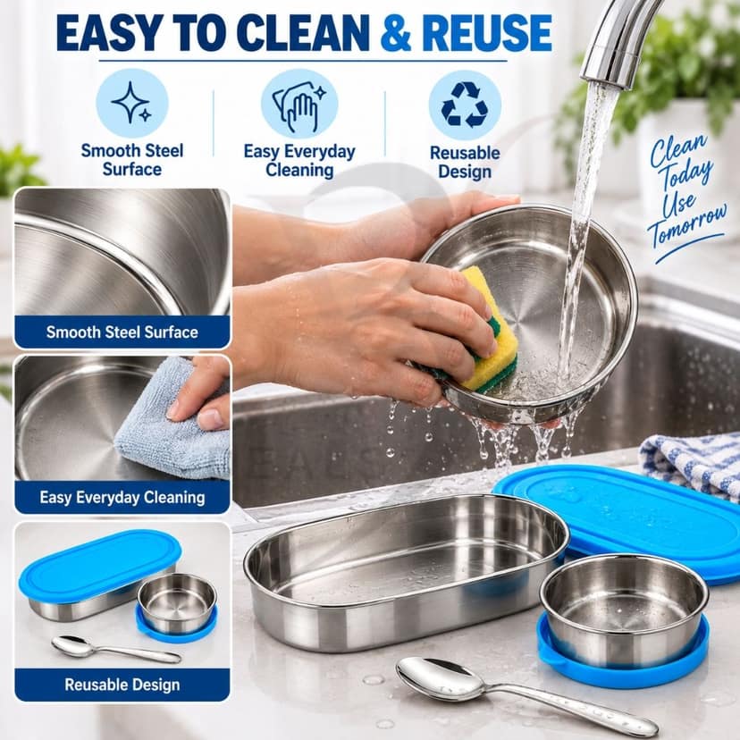 V3Deals Steel Oval Lunch Box with Bowl & Spoon | Tiffin Box for Office & School, PREMIUM STAINLESS STEEL: Durable, reusable and made for everyday meals at home, office, school and travel ( SMART LUNCH BOX 1) view 9