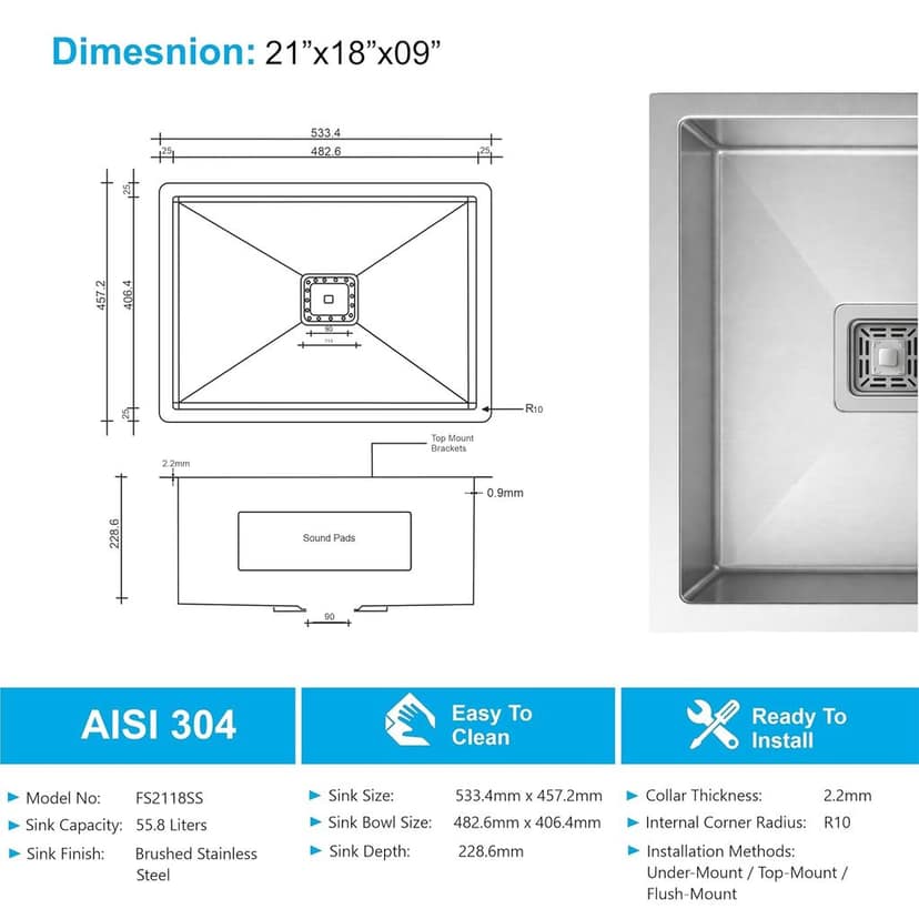 Aqua 304 Handmade (21 x 18 x 09 ) Inch SS Square Coupling Single Bowl Silver Kitchen Sink view 4