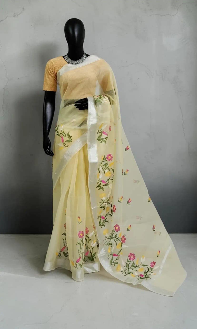 Kota Doria Cotton-Silk Saree in Light Butter Yellow with Zari Border