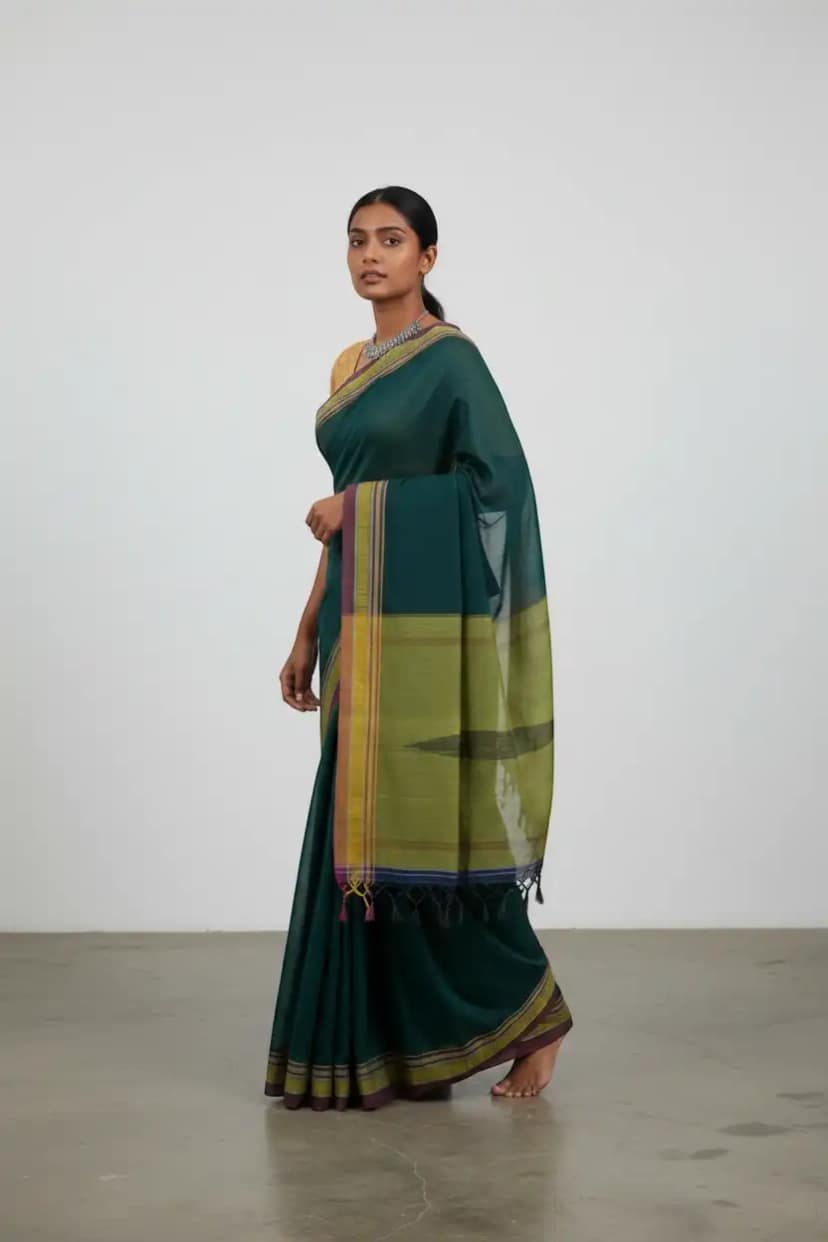 Handwoven Ilkal Saree in Teal Green with Multi-stripe Woven Border