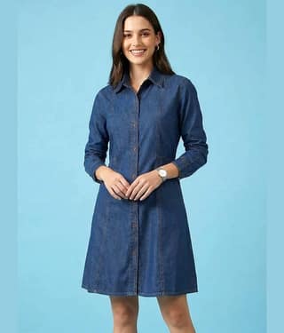 Addyvero Women Denim Solid A-line Dress ( Light Blue )