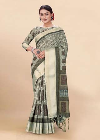 Digital Printed Cotton Saree in Light Green