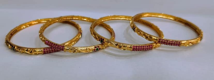 Gold Plated Bangle Set with Pink Stones view 3