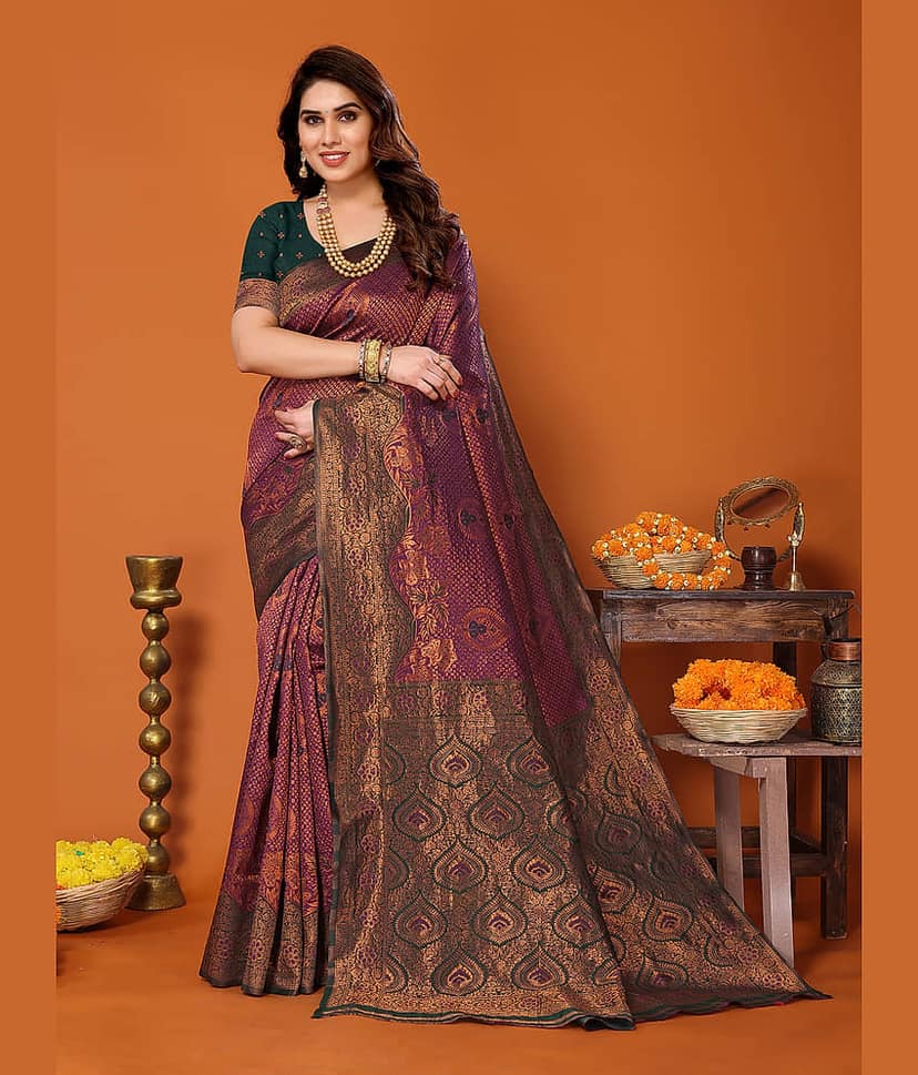 BLEESBURY Kanjivaram Woven Saree With Unstitched Blouse Piece ( Burgundy )