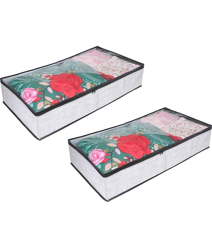 PrettyKrafts Transparent Top Long Underbed Storage Bag, Storage Organizer, Blanket Cover with Side Handles (Pack of 2), Jute Grey