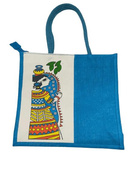 Eco-friendly Cotton Jute Tote Bag with Warli Painting - Blue