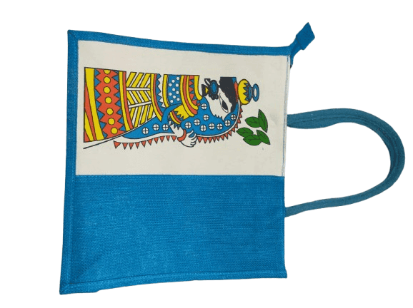 Eco-friendly Cotton Jute Tote Bag with Warli Painting - Blue view 2