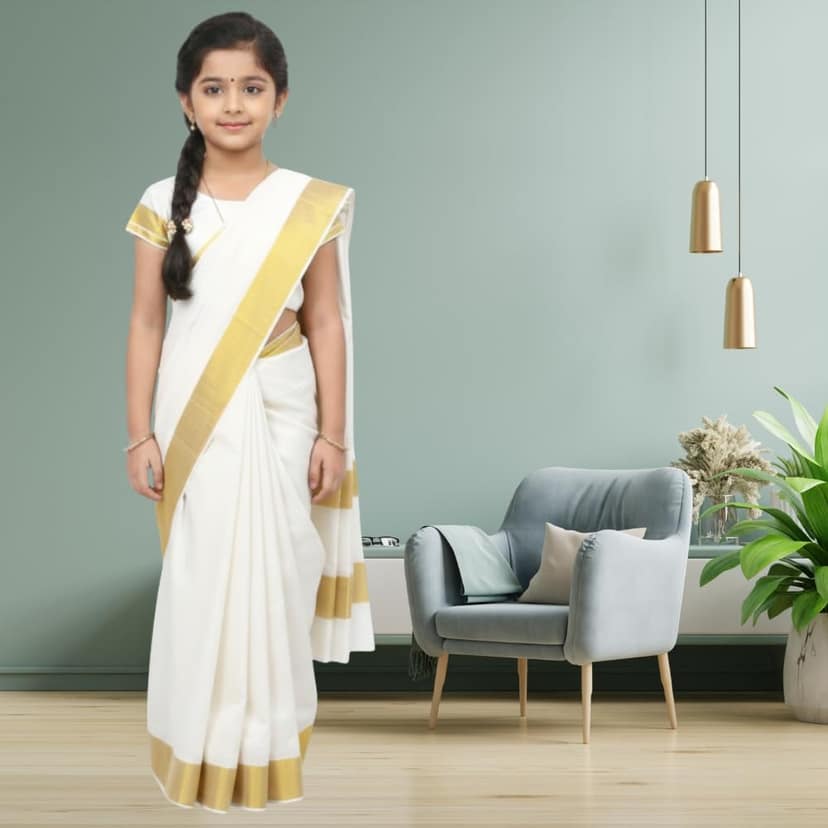 Mom and Me Kids Pre-Stitched Belgaon Silk Saree with Golden Zari Border view 2